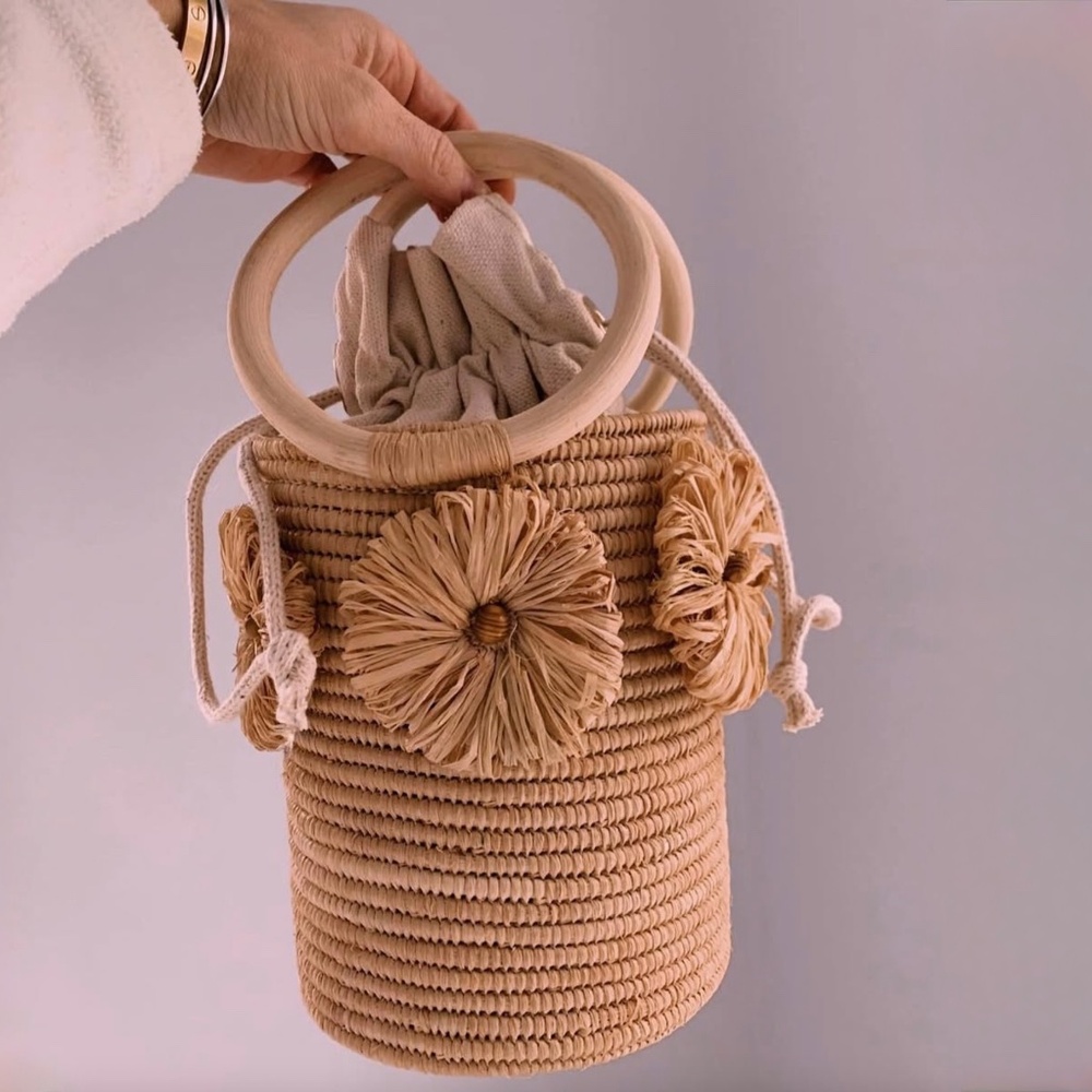 Poolside Raffia-Trimmed Straw Bucket Bag
